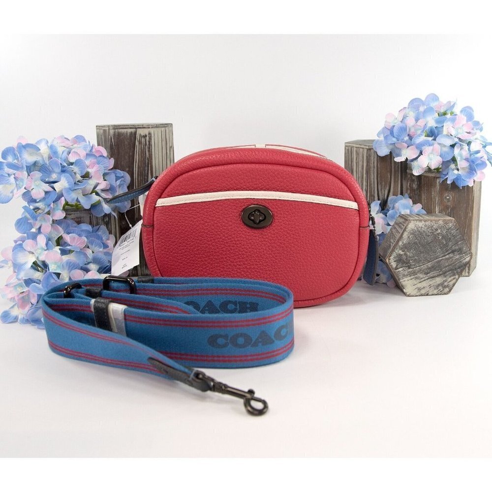 Coach Red Blue Colorblock Leather Camera Guitar Strap Crossbody Bag NWT C6833